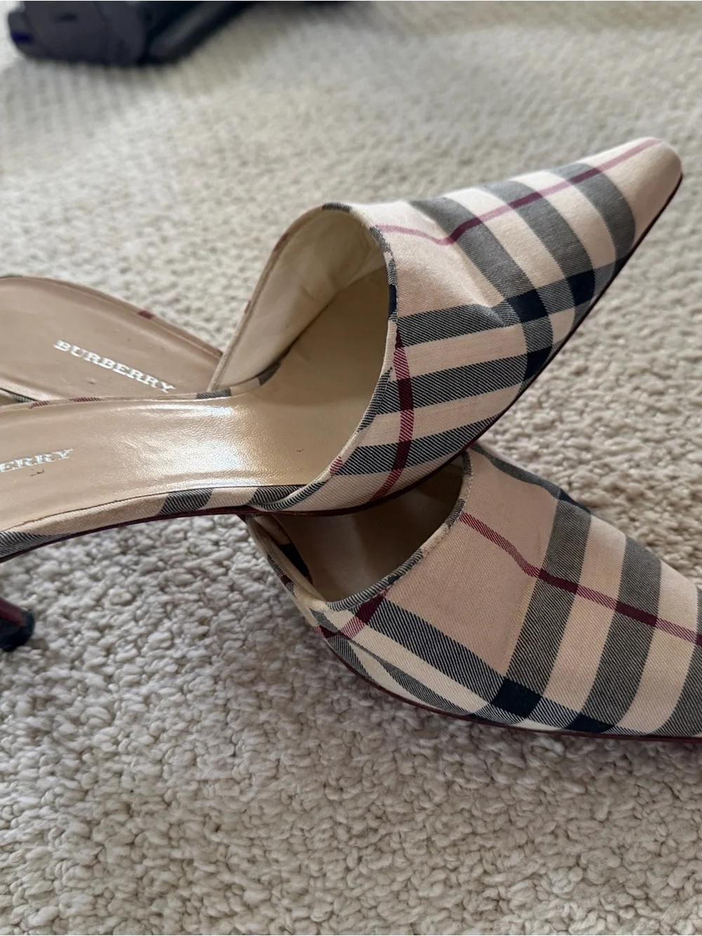 Burberry Check Pointed-Toe Slip-On Mules in Beige and Black